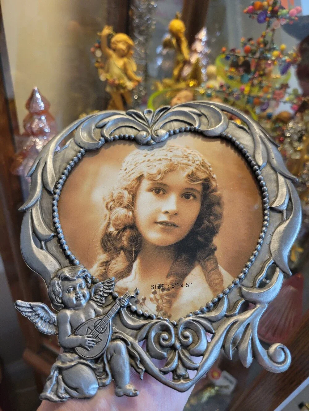 Victorian Look Pewter Heart-Shaped Silver-tone Cherub Picture Frame ~ GUC